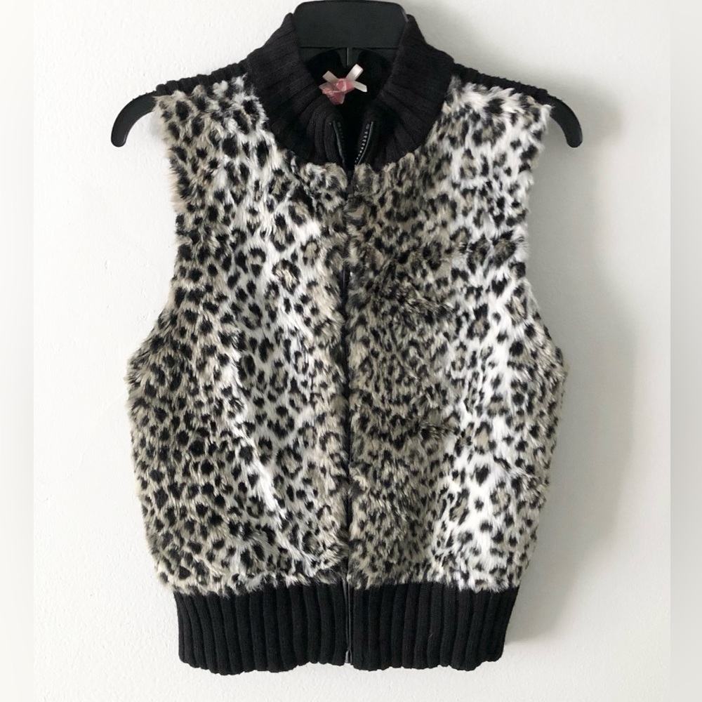 Faux Fur Leopard Print Vest Black & White Y2K Vintage